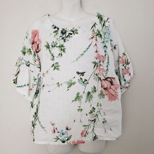 Laura Bianchi Floral Linen Top Small White Boho Romantic Coastal Feminine